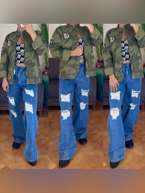 High-Waist Distressed Wide-Leg Jeans - Blue Mango